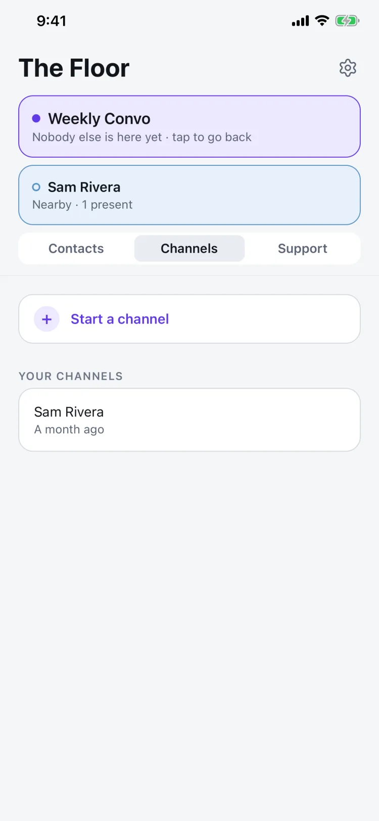 The Floor's channel list. A channel called Weekly Convo reads "Nobody
else is here yet", a contact called Sam Rivera reads "Nearby &middot;
1 present", and under Your Channels a second entry reads "A month
ago".