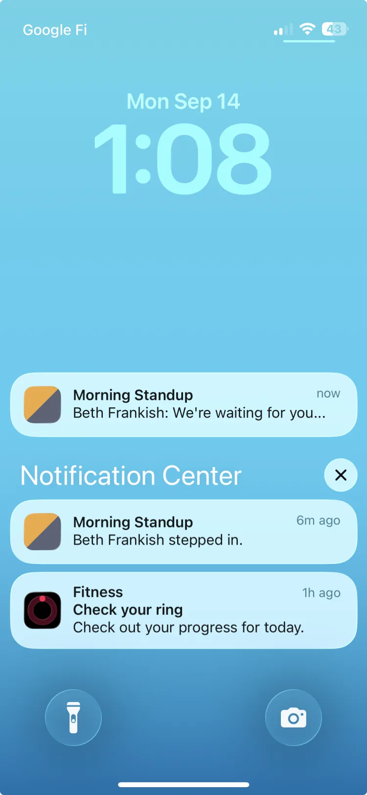 A phone's lock screen. One notification reads "Morning Standup
&mdash; Beth Frankish: We're waiting for you", sent just now. Below it,
among the older notifications, an earlier one reads "Beth Frankish stepped
in" six minutes ago, and beneath that an activity reminder from another
app.